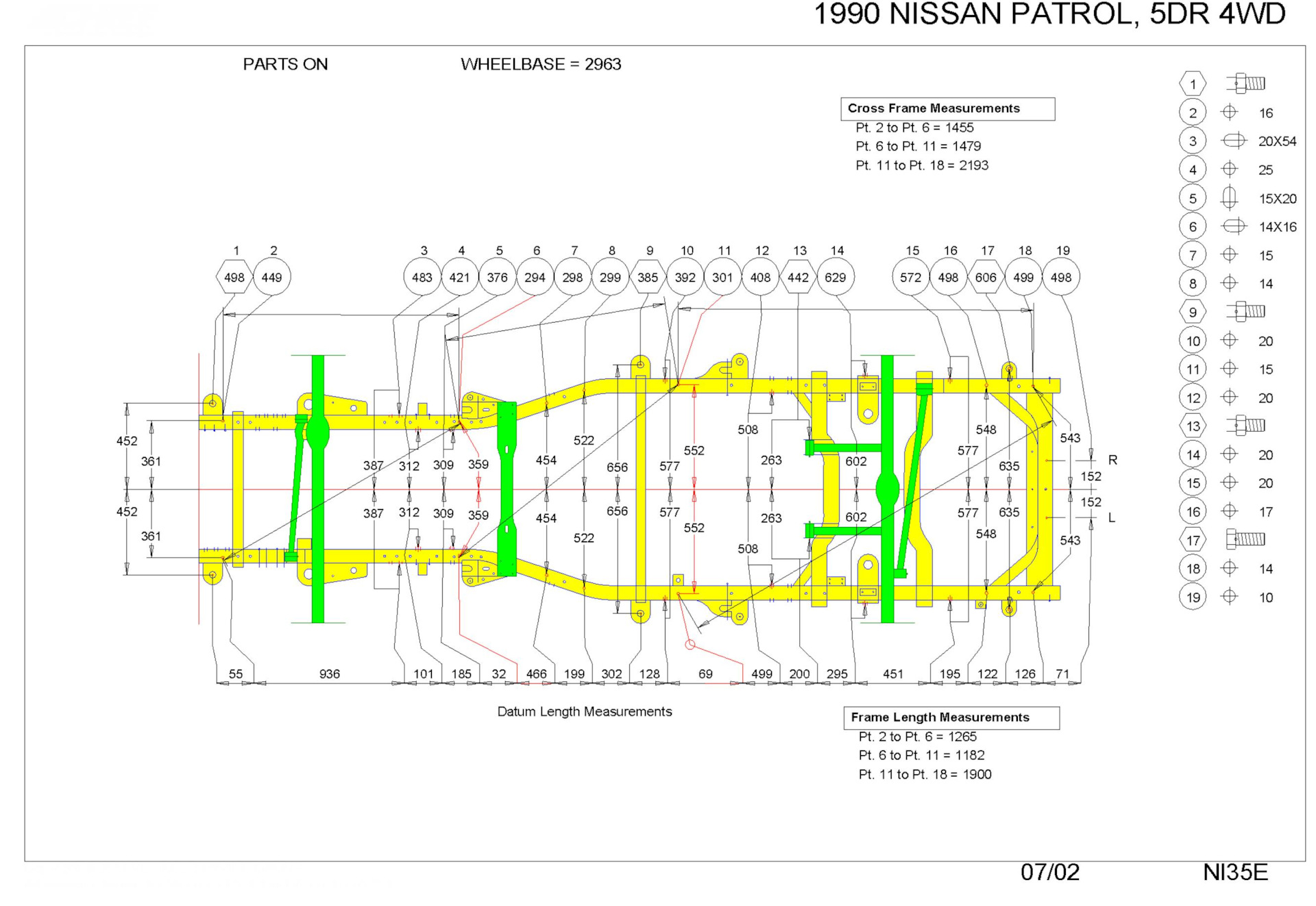 Контрольные размеры рамы Nissan Patrol (Y60) 1989-1997 с навесным